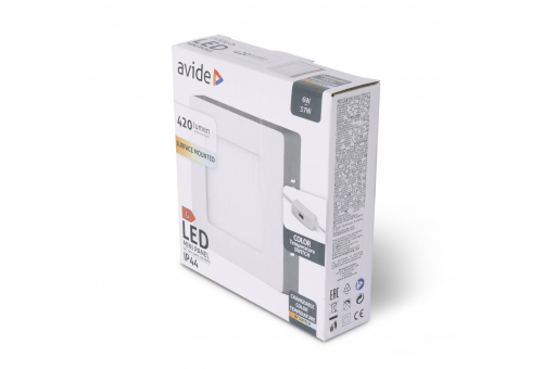 LED Falra Szerelhető Négyzetes Mennyezeti Lámpa 6W, CCT kapcsolóval, ALU, IP44 Front