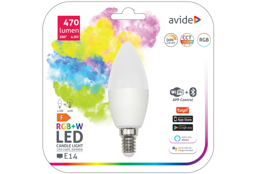 Bec LED Smart lumânare 4.9W RGB+W control Wifi + BLE APP Avide